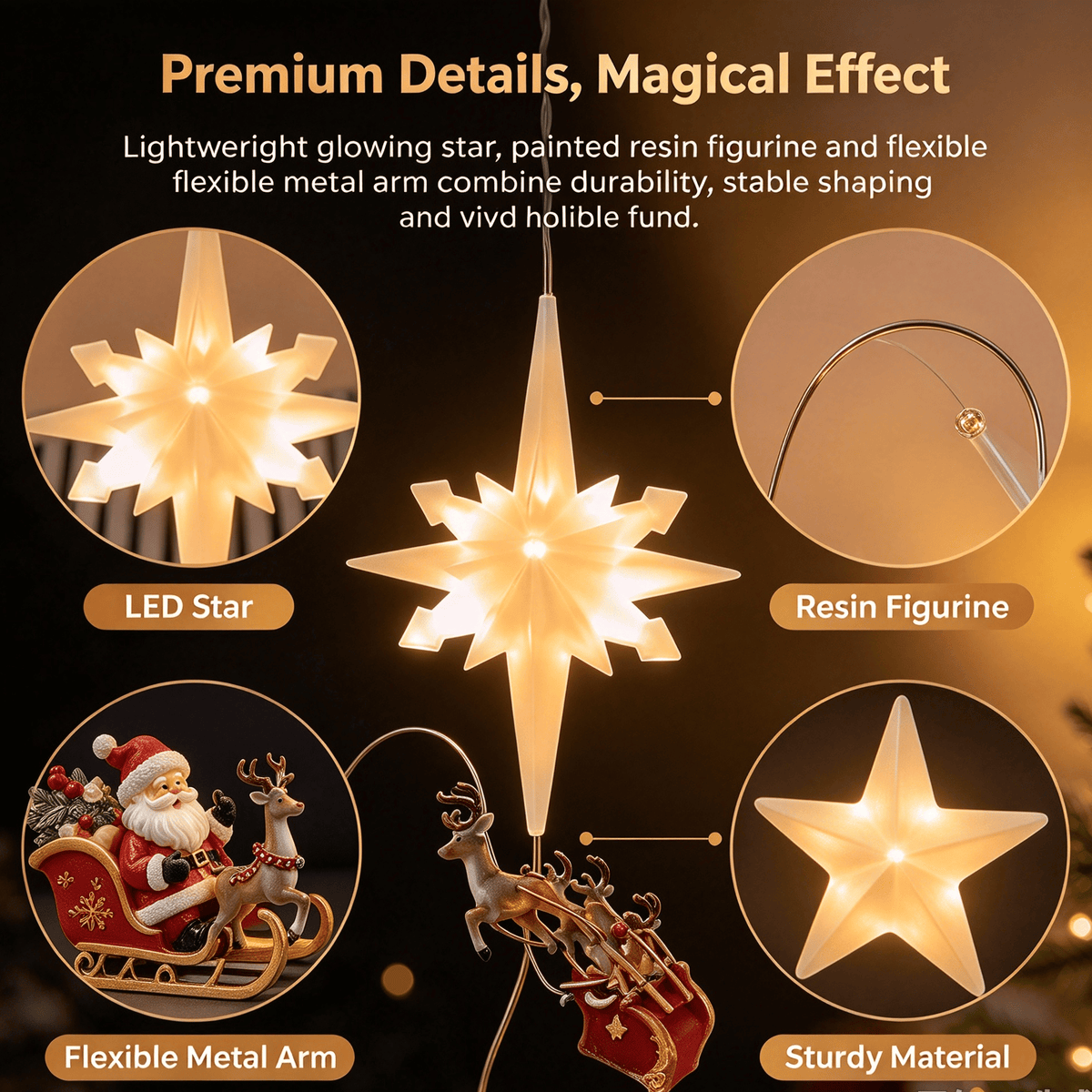 Lighted Christmas Tree Topper, Moravian LED Star with Bendable Metal Arm Santa Reindeer Sleigh Flying Ornament, Christmas Tree Top Holiday Decoration