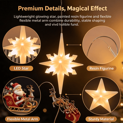 Lighted Christmas Tree Topper, Moravian LED Star with Bendable Metal Arm Santa Reindeer Sleigh Flying Ornament, Christmas Tree Top Holiday Decoration