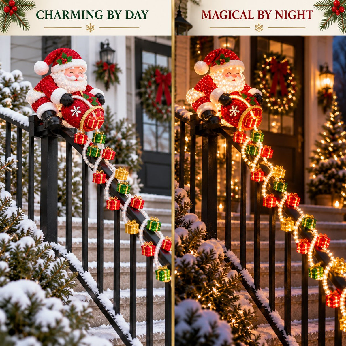 Santa gift cascade railing decor shown during daytime and glowing at night