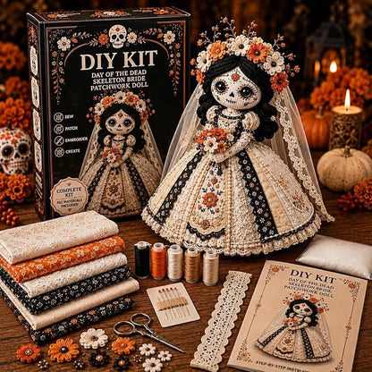 🌼 Day of the Dead-Inspired Skeleton Bride DIY Kit – Handmade Patchwork Doll