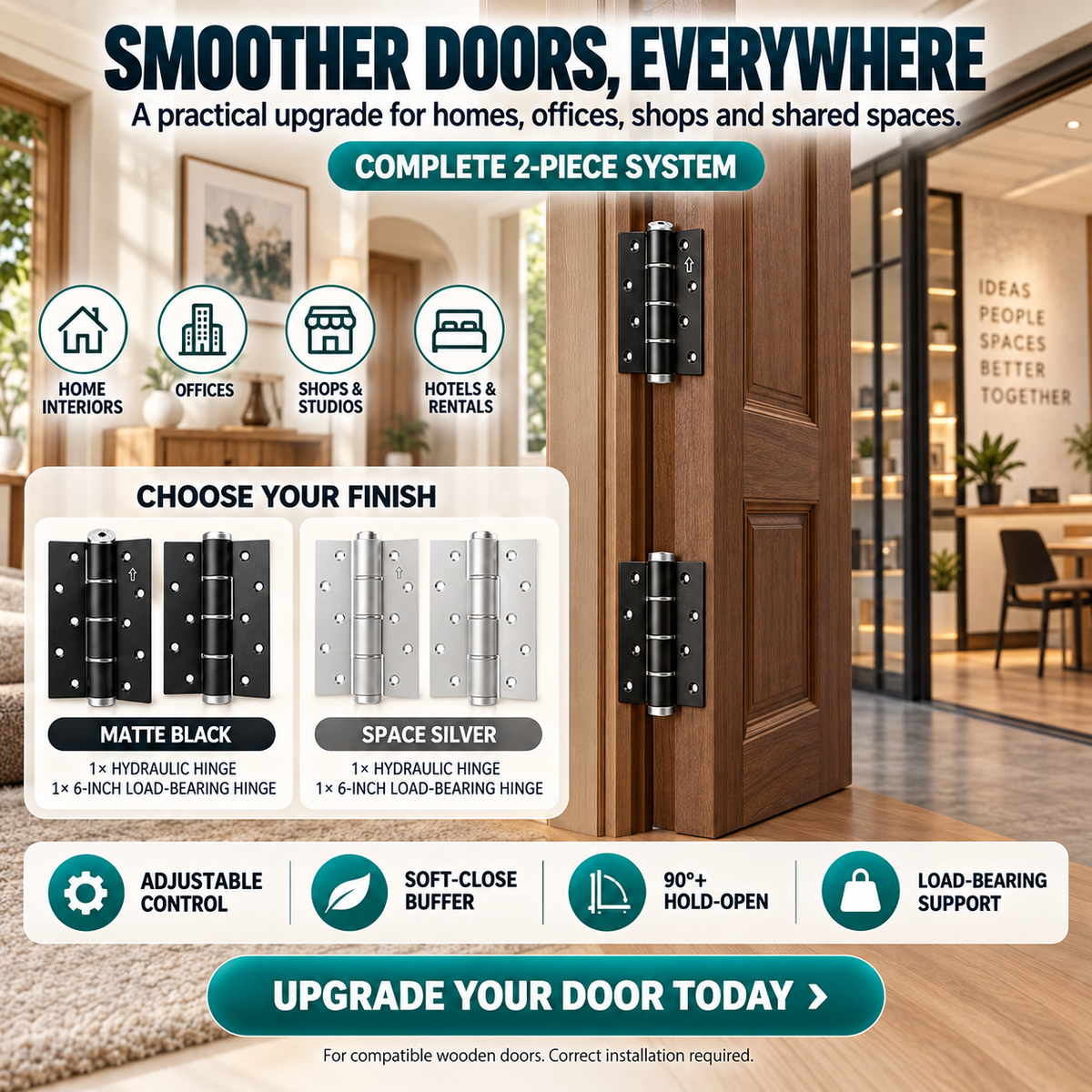 2-Piece Hydraulic Self-Closing Door Hinge Set – Adjustable Soft Close & 90° Hold-Open