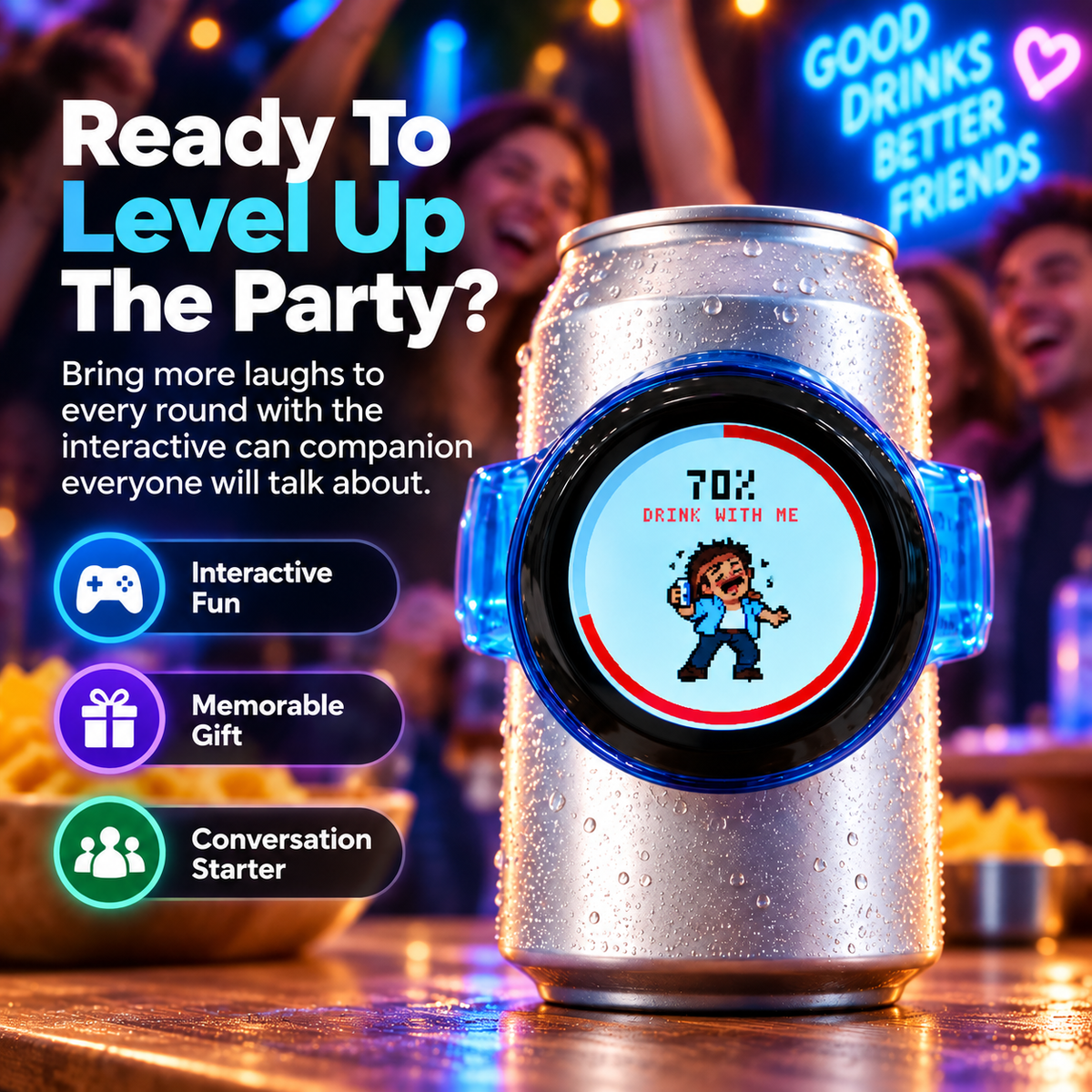 🎮 Interactive Pixel Party Can Companion – Motion-Responsive Mini Game Drink Gadget