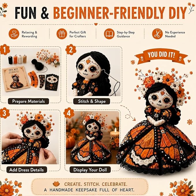 🌼 Day of the Dead-Inspired Skeleton Bride DIY Kit – Handmade Patchwork Doll