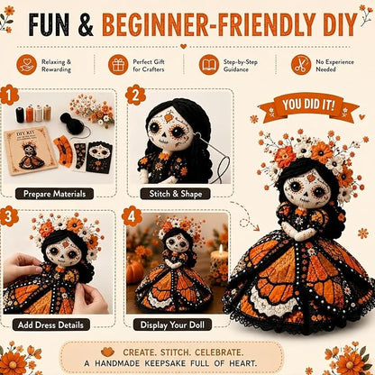 🌼 Day of the Dead-Inspired Skeleton Bride DIY Kit – Handmade Patchwork Doll