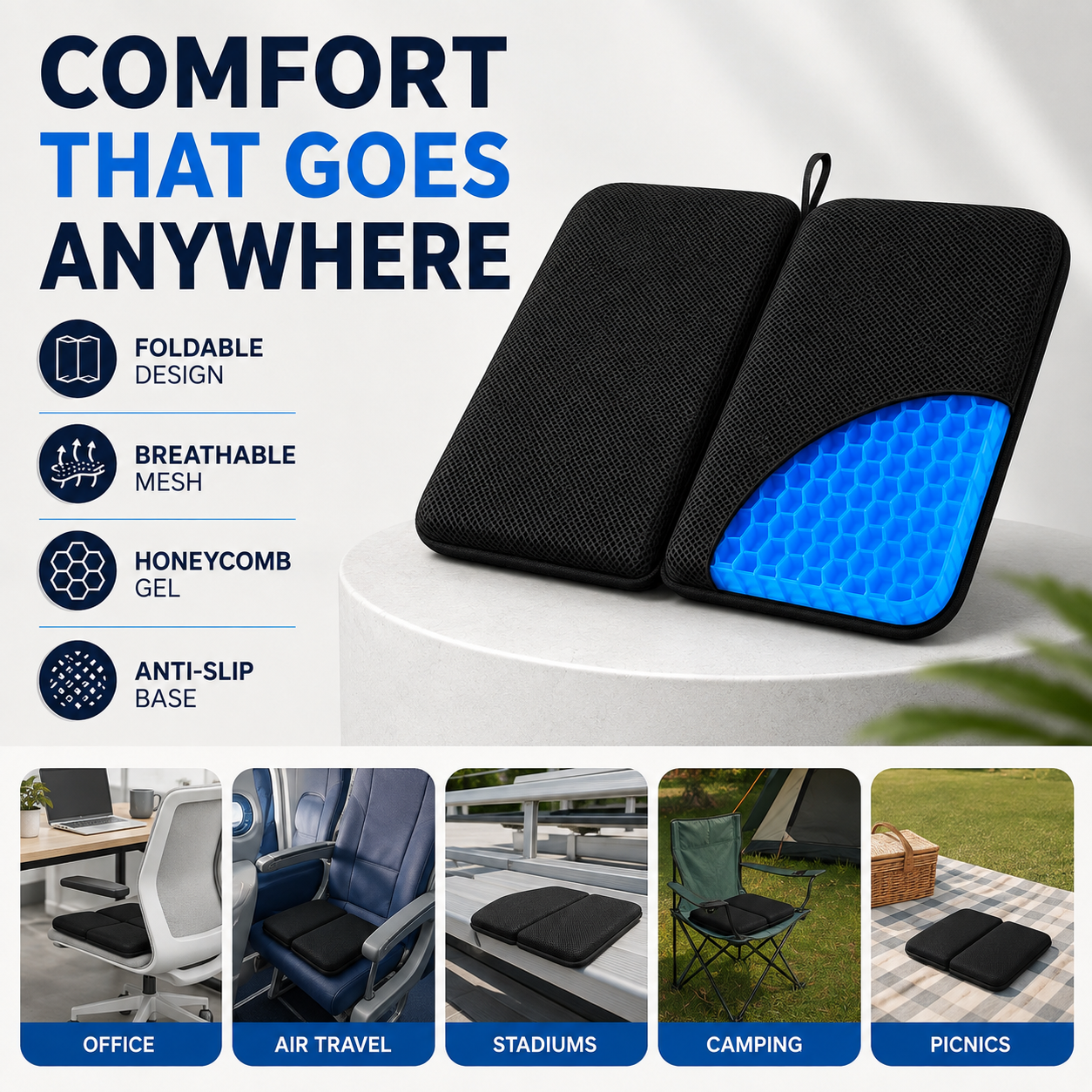 Portable Cooling Gel Seat Cushion – Foldable Comfort Pad for Travel, Stadiums & Camping