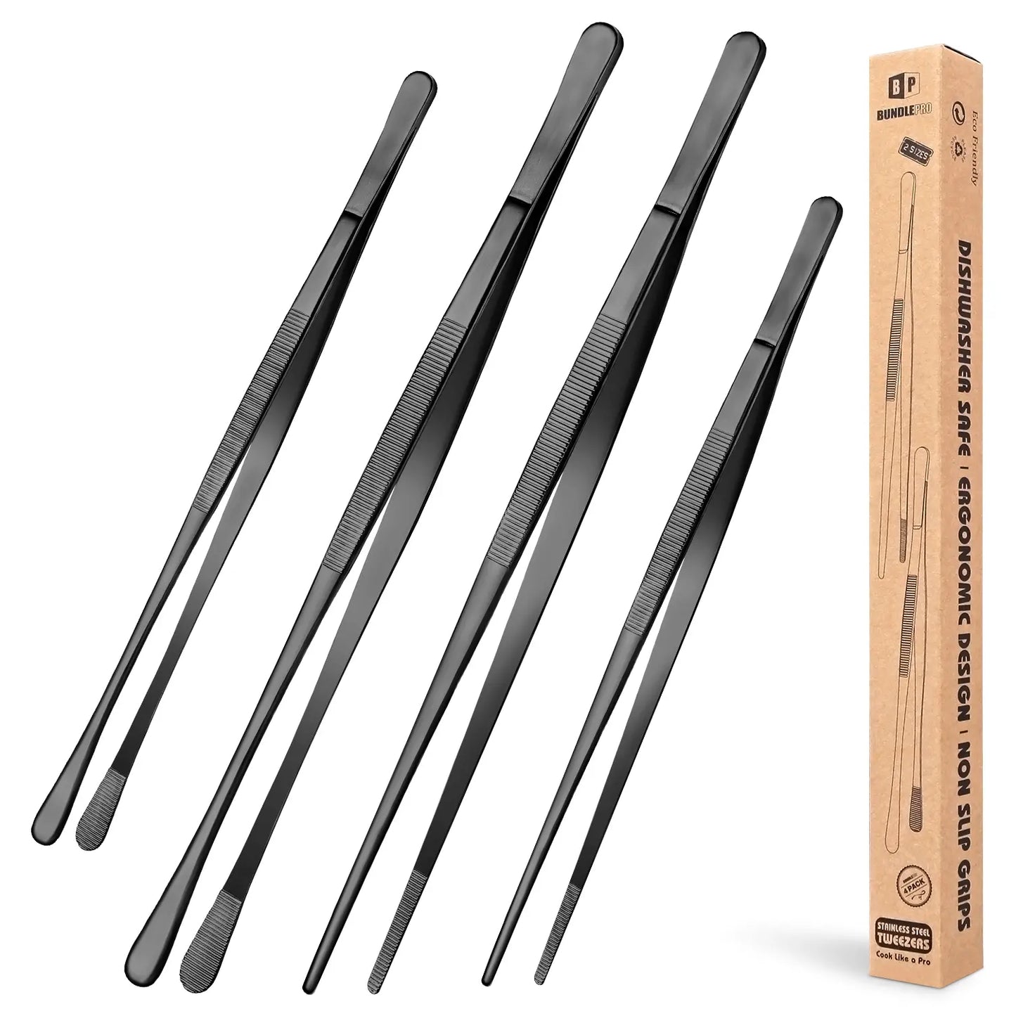 4 Pcs Fine Long Tweezer Tongs Professional Black Set,12'' and 10'' Stainless Steel for Kitchen Utensils , Food, Cooking, Repairing, Sea food and BBQ