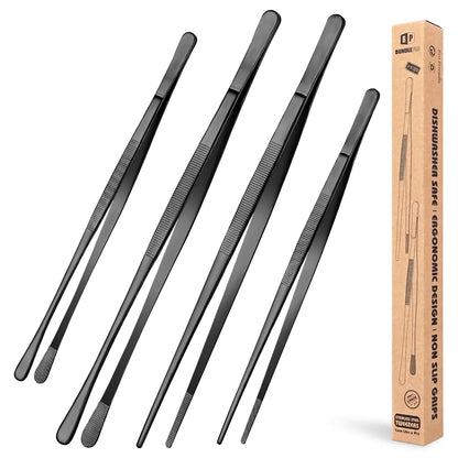 4 Pcs Fine Long Tweezer Tongs Professional Black Set,12'' and 10'' Stainless Steel for Kitchen Utensils , Food, Cooking, Repairing, Sea food and BBQ