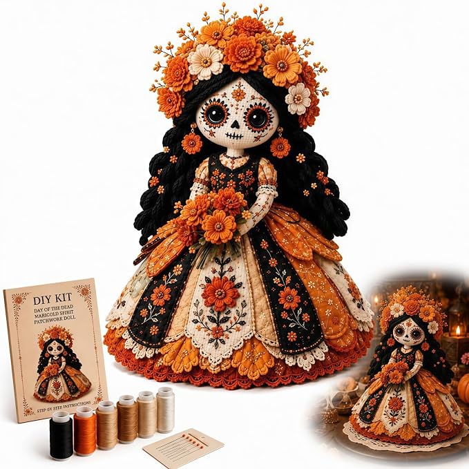 🌼 Day of the Dead-Inspired Skeleton Bride DIY Kit – Handmade Patchwork Doll