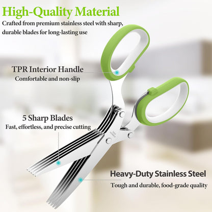 5-Blade Stainless Steel Herb Scissors with Cleaning Brush & Protective Cover