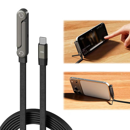 USB-C to USB-C Charging Cable with 240W Power Delivery and Foldable Mobile Phone Stand, 90° Angle Plug, Reinforced Braided Design for Fast Charging and Data Transfer, for iPhone