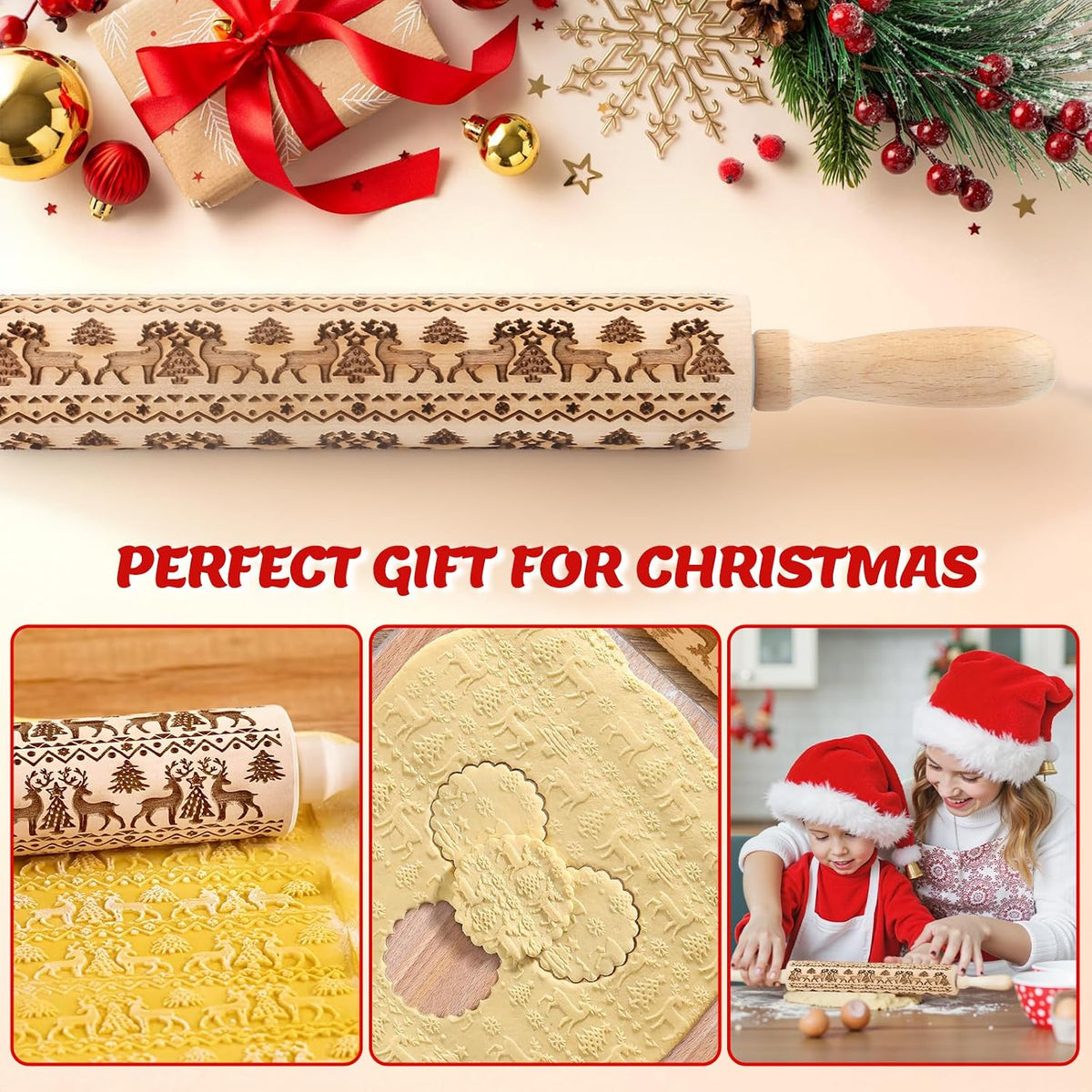🎄 Christmas Embossed Rolling Pin – Wooden Cookie Pattern Roller for Festive Baking