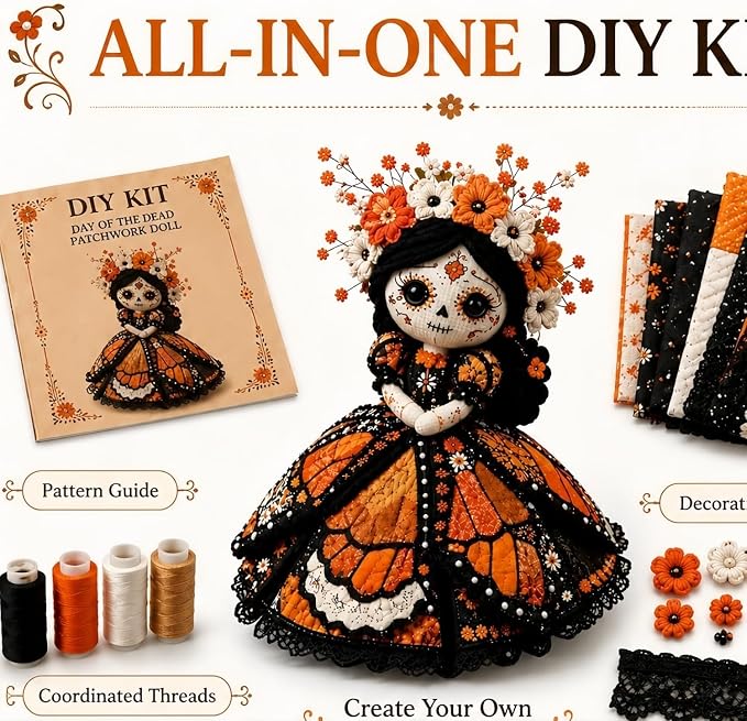 🌼 Day of the Dead-Inspired Skeleton Bride DIY Kit – Handmade Patchwork Doll