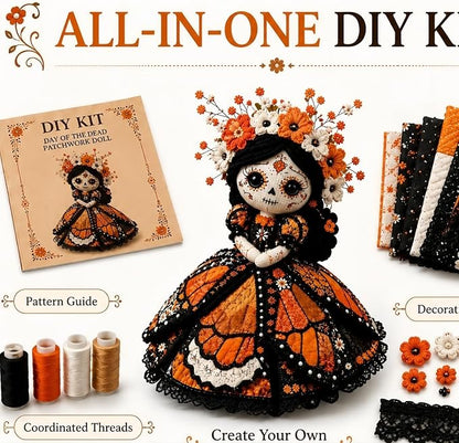 🌼 Day of the Dead-Inspired Skeleton Bride DIY Kit – Handmade Patchwork Doll