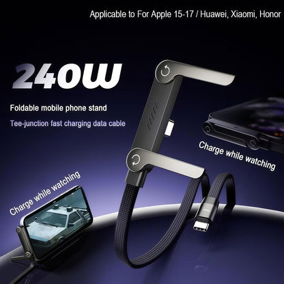 USB-C to USB-C Charging Cable with 240W Power Delivery and Foldable Mobile Phone Stand, 90° Angle Plug, Reinforced Braided Design for Fast Charging and Data Transfer, for iPhone
