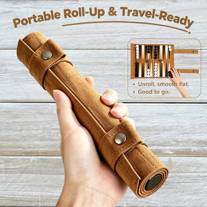Portable Roll-Up Backgammon Set – Classic Tan Travel Game for Two