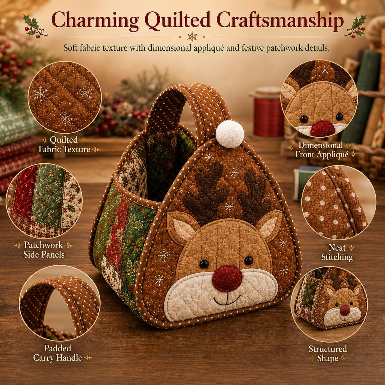 🎄 Christmas Quilted Carry Basket – DIY Sewing Kit & Finished Basket 🎁