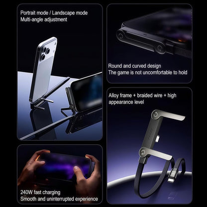 USB-C to USB-C Charging Cable with 240W Power Delivery and Foldable Mobile Phone Stand, 90° Angle Plug, Reinforced Braided Design for Fast Charging and Data Transfer, for iPhone