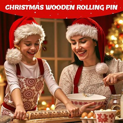 🎄 Christmas Embossed Rolling Pin – Wooden Cookie Pattern Roller for Festive Baking