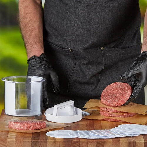 Hamburger Press Patty Maker - Non-Stick Burger Mold Shaper with Freezer Storage Container - 12-Piece Set with 8-Layer Plastic Discs for BBQ Grill.