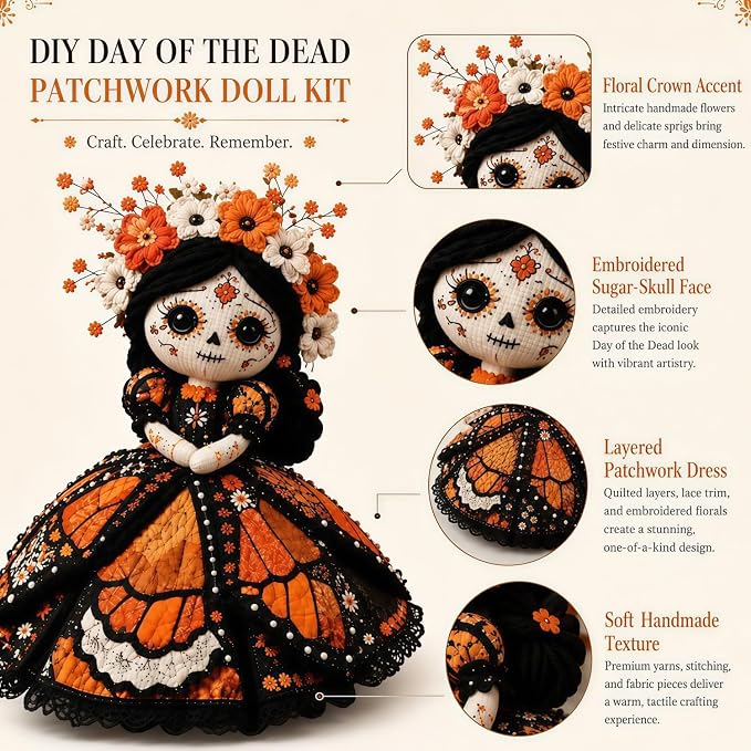 🌼 Day of the Dead-Inspired Skeleton Bride DIY Kit – Handmade Patchwork Doll