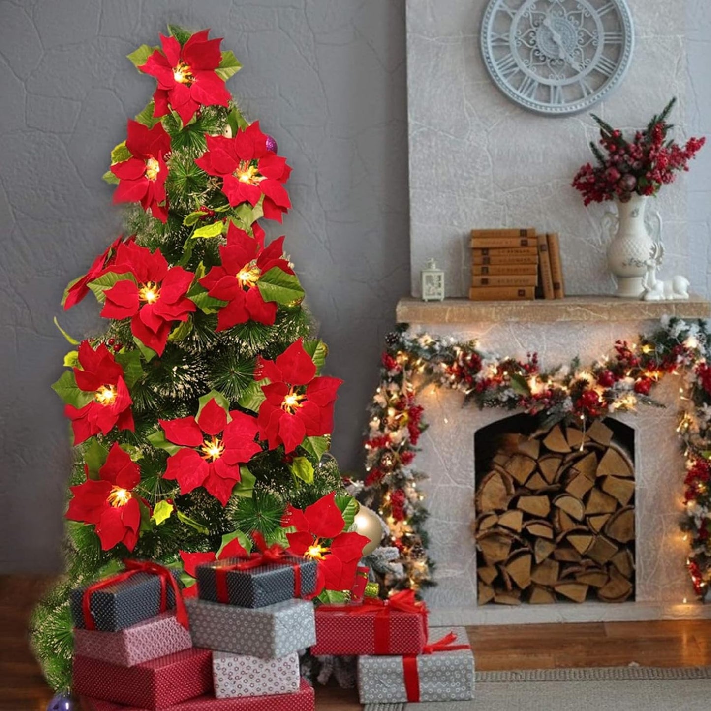 Lighted Christmas Poinsettia Garland with 10 or 20 Warm LEDs – Battery Powered Holiday Floral Decor