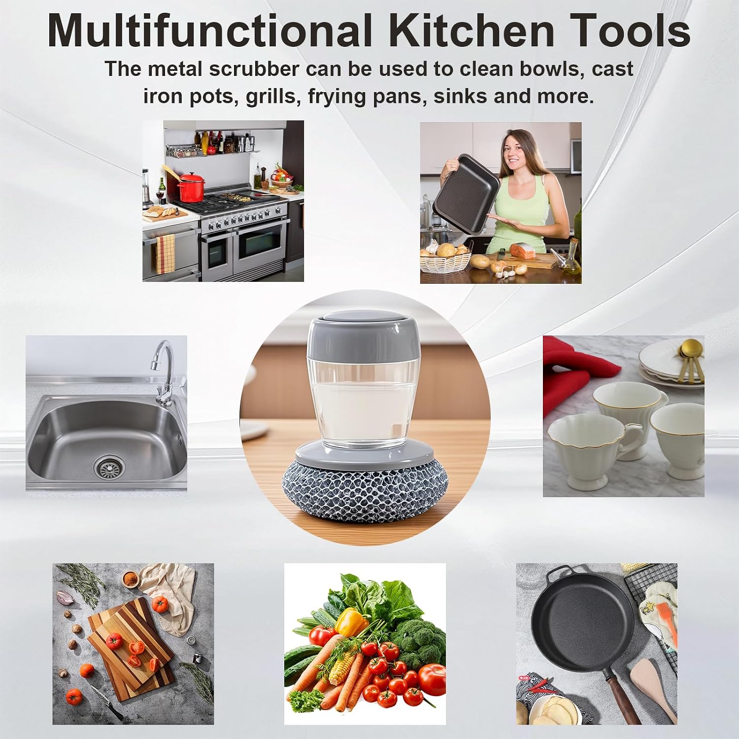 Kitchen cleaning uses for soap dispensing palm scrubber