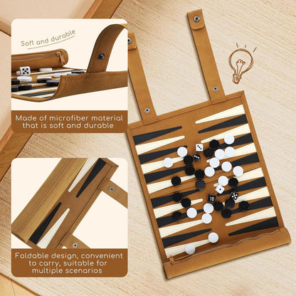 Portable Roll-Up Backgammon Set – Classic Tan Travel Game for Two