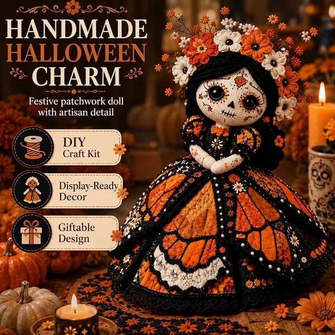 🌼 Day of the Dead-Inspired Skeleton Bride DIY Kit – Handmade Patchwork Doll