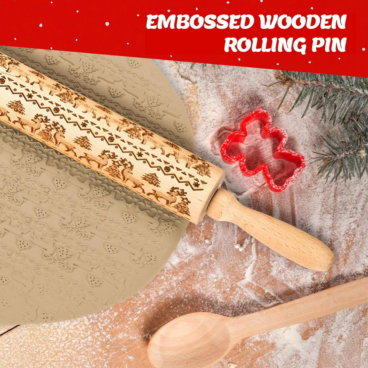 🎄 Christmas Embossed Rolling Pin – Wooden Cookie Pattern Roller for Festive Baking