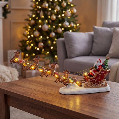 🎅 Lighted Santa Sleigh & Flying Reindeer Figurine – Warm LED Christmas Decor