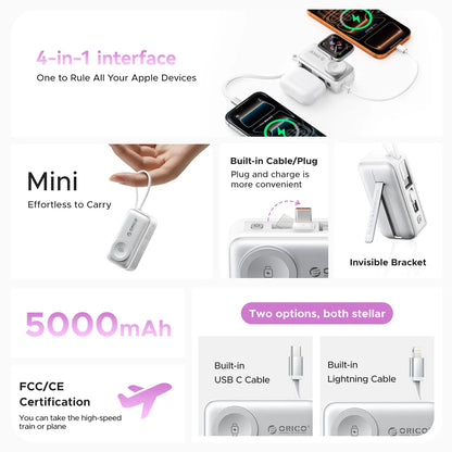 4-in-1 Folding Chargeable Portable Power Bank with Integrated Cable
