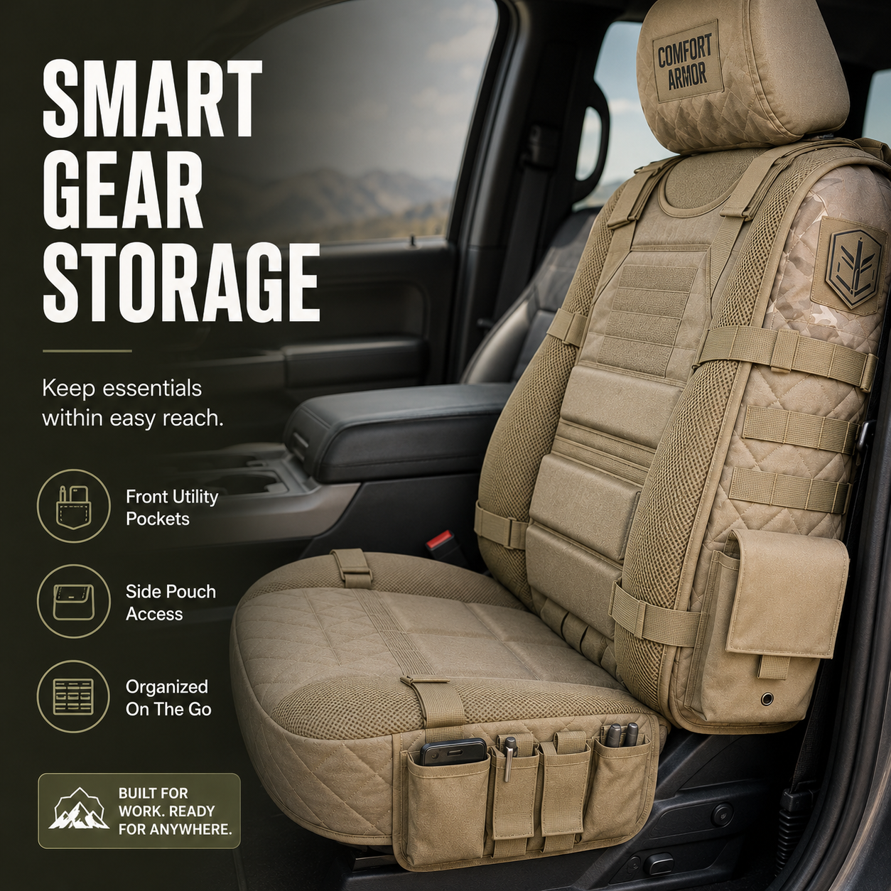 Tactical seat organizer with front utility pockets and side pouch