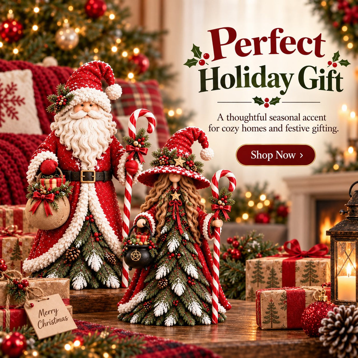 Christmas decorative figure in the shape of a Christmas tree – Santa Claus, snowman & Christmas witch with festive details