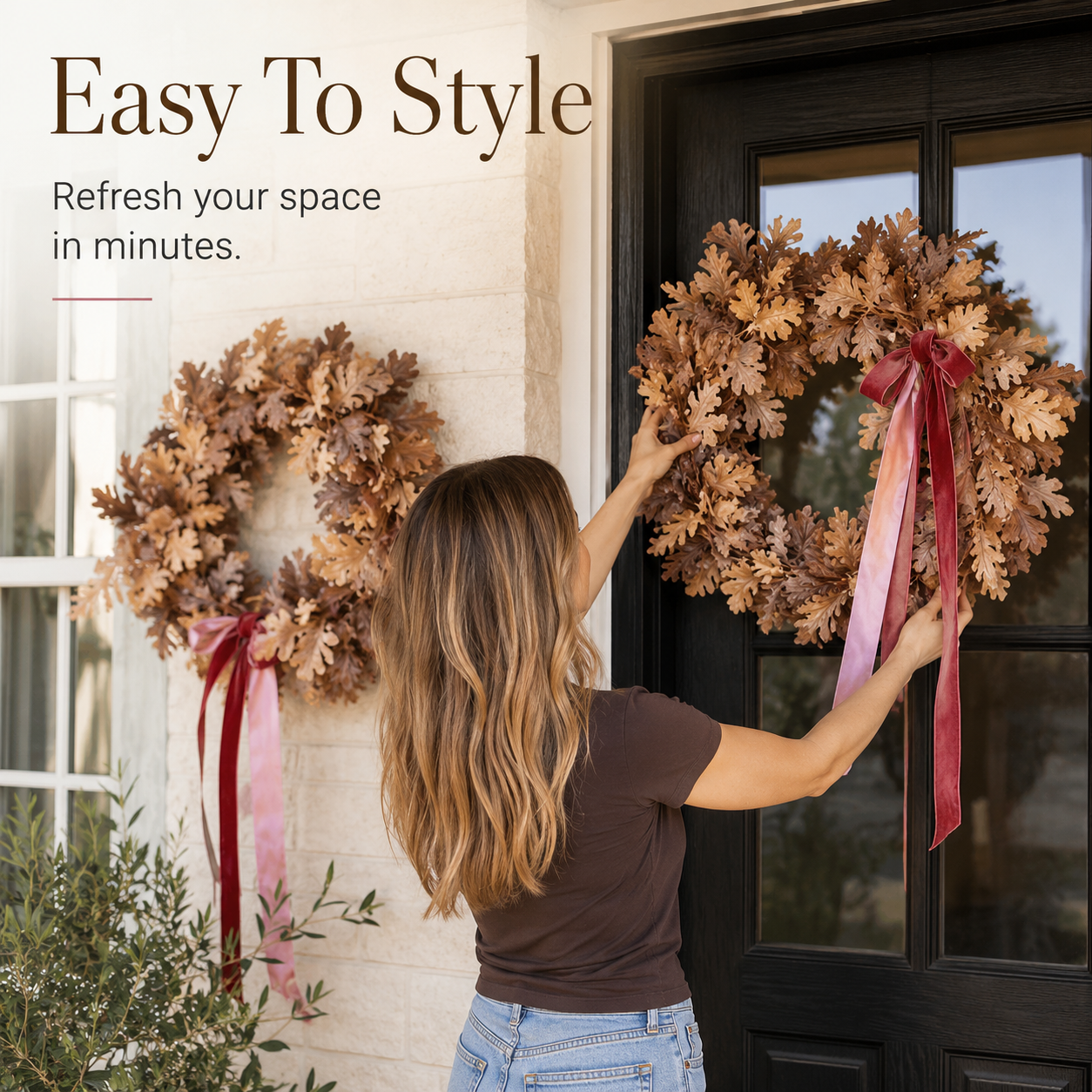 🍂 Set of 2 Autumn Leaf Wreaths With Ribbon – Matching Fall Door & Home Decor
