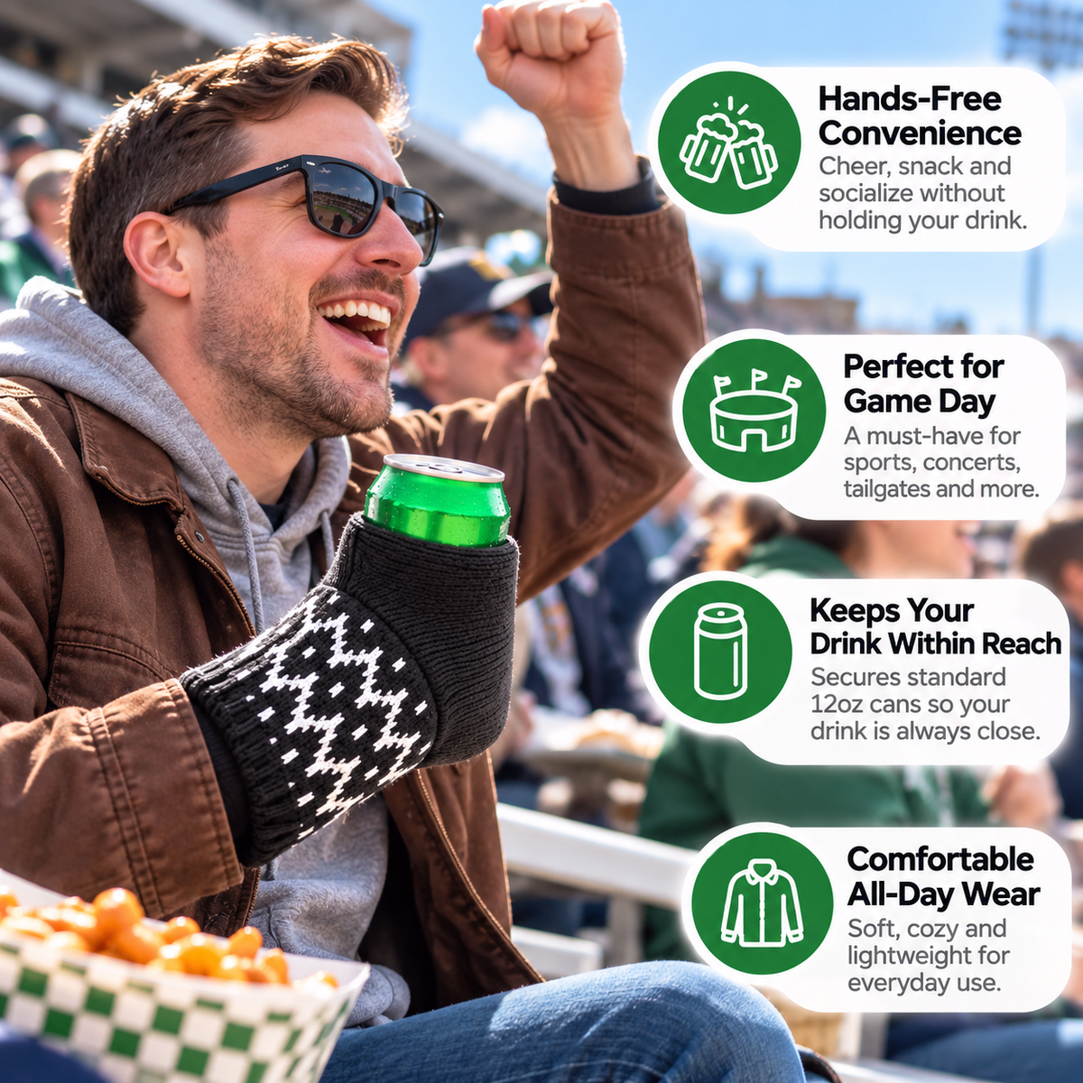Hands-Free Wearable Can Holder – Cozy Knit Drink Sleeve for Game Day