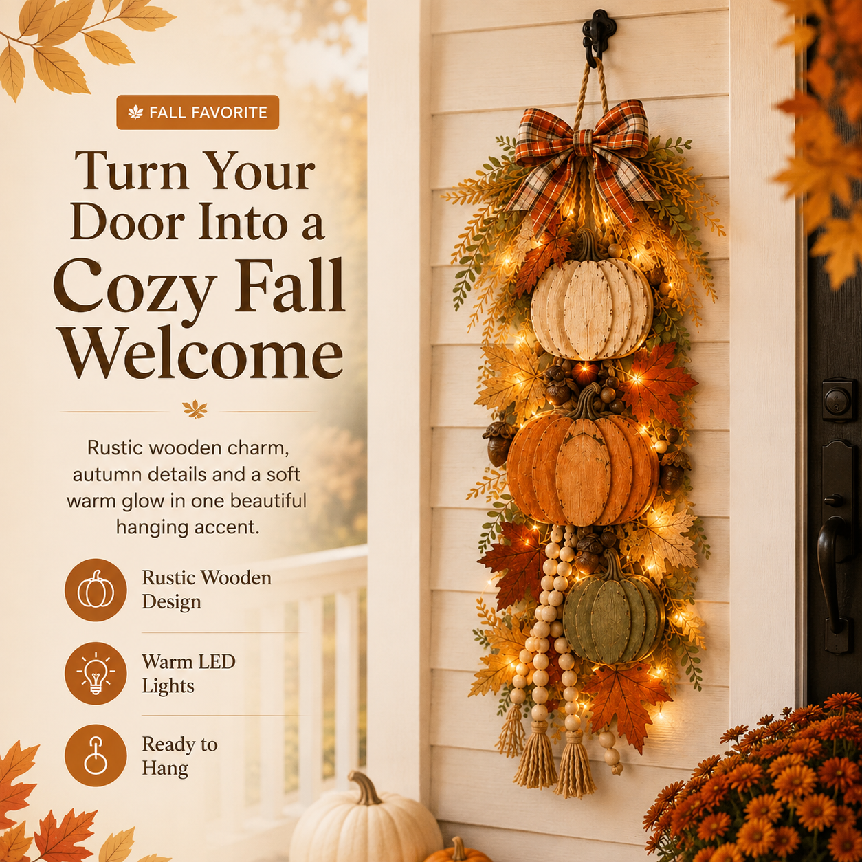 🏡🎃Rustic Wooden Pumpkin Door Hanging with Warm LED Lights