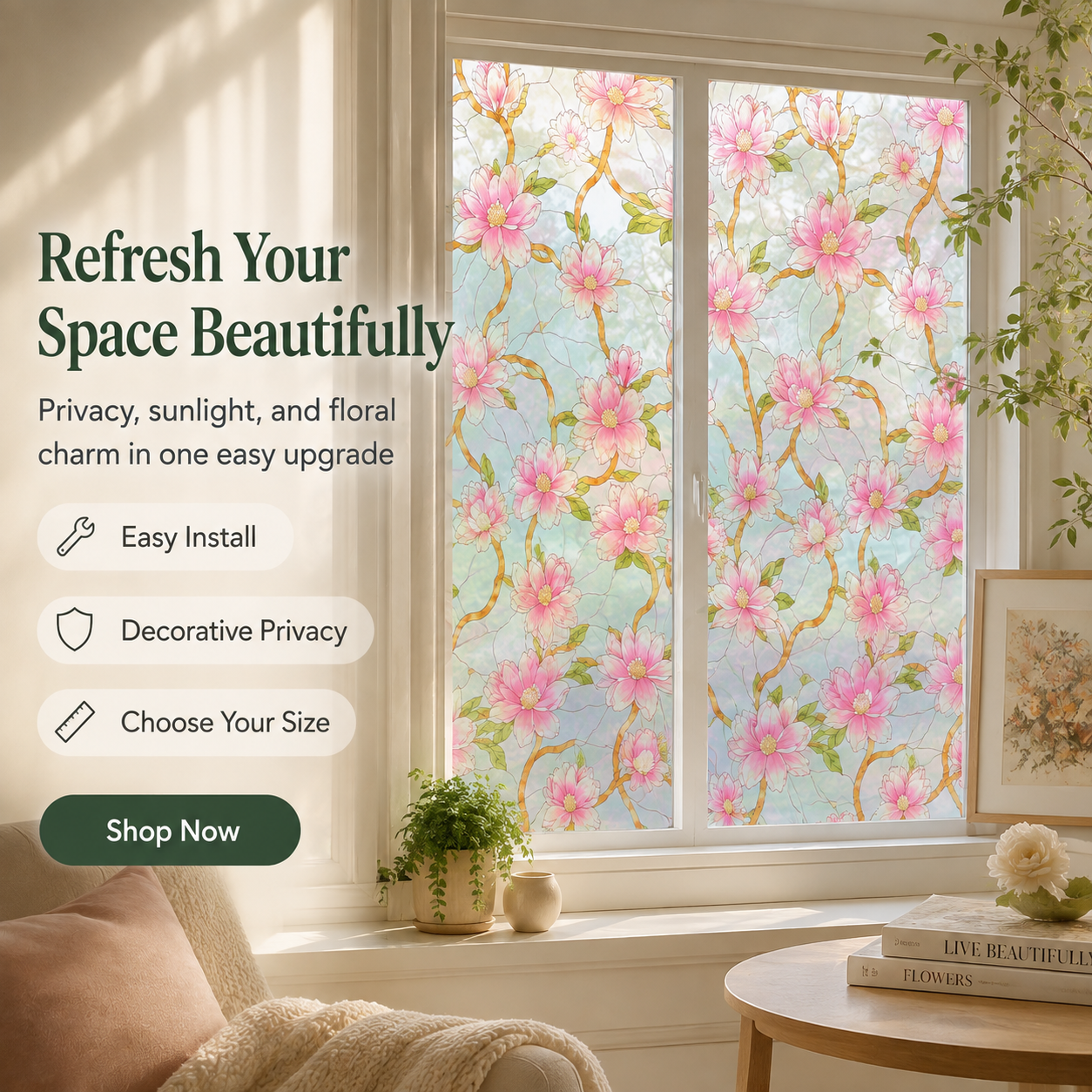 🌸 Floral Stained-Glass Window Privacy Film – Beautiful Privacy With Natural Light
