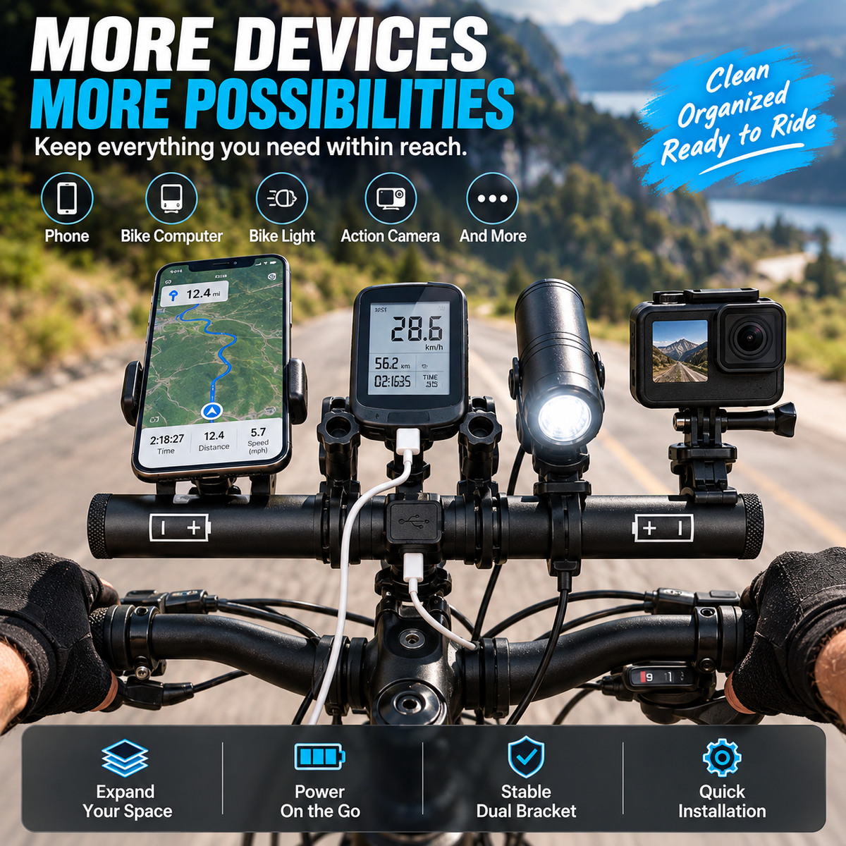 🚴 Powered Bike Handlebar Extender – Extra Mounting Space + USB Charging