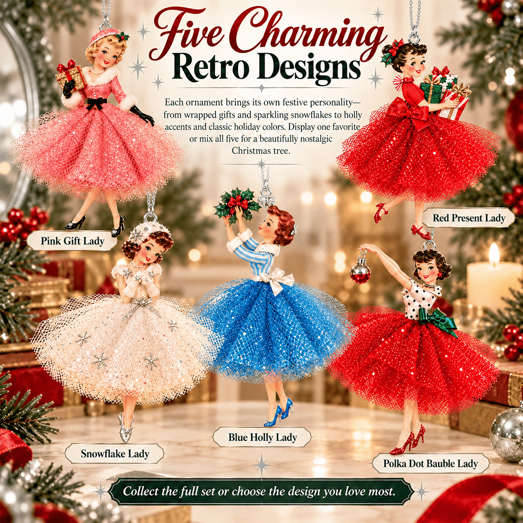 🎀 5 Vintage Christmas Lady Ornaments – Retro Faces, Tulle Skirts & Holiday Charm