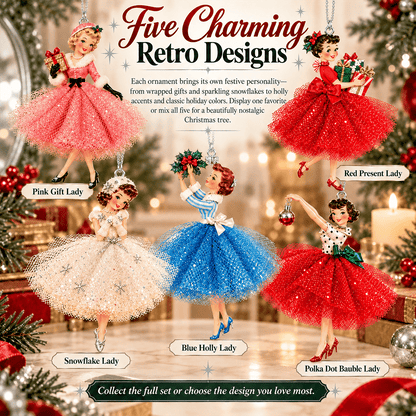 🎀 5 Vintage Christmas Lady Ornaments – Retro Faces, Tulle Skirts & Holiday Charm