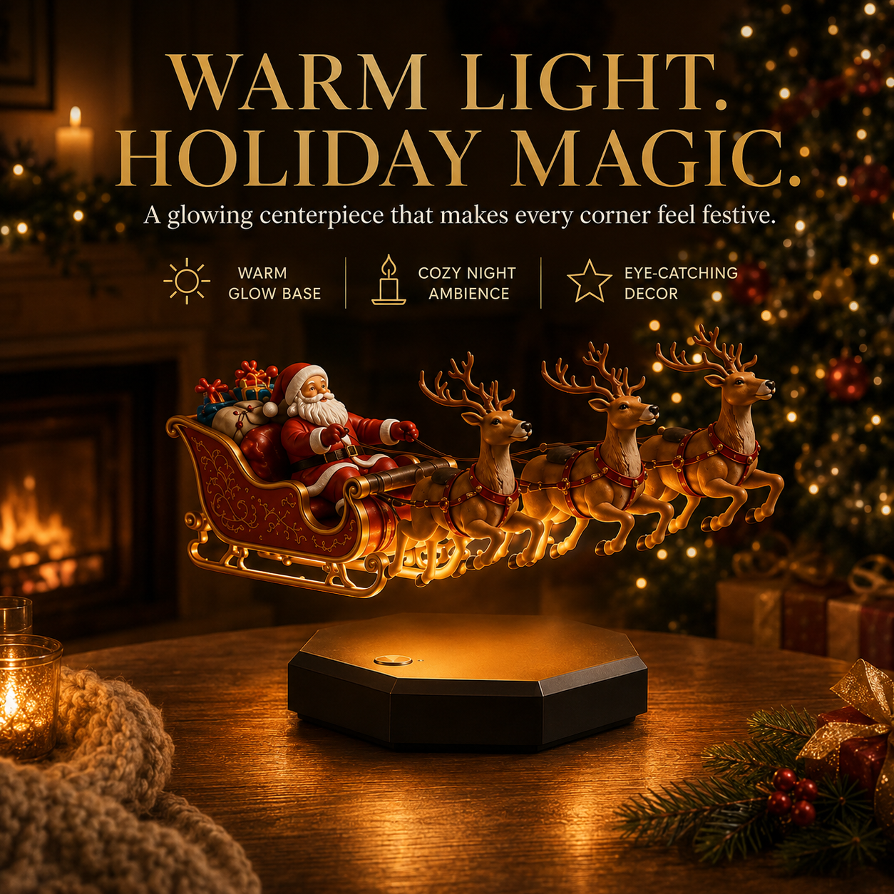 🎅 Floating Santa Sleigh with 4 Reindeer – Magnetic Christmas Centerpiece