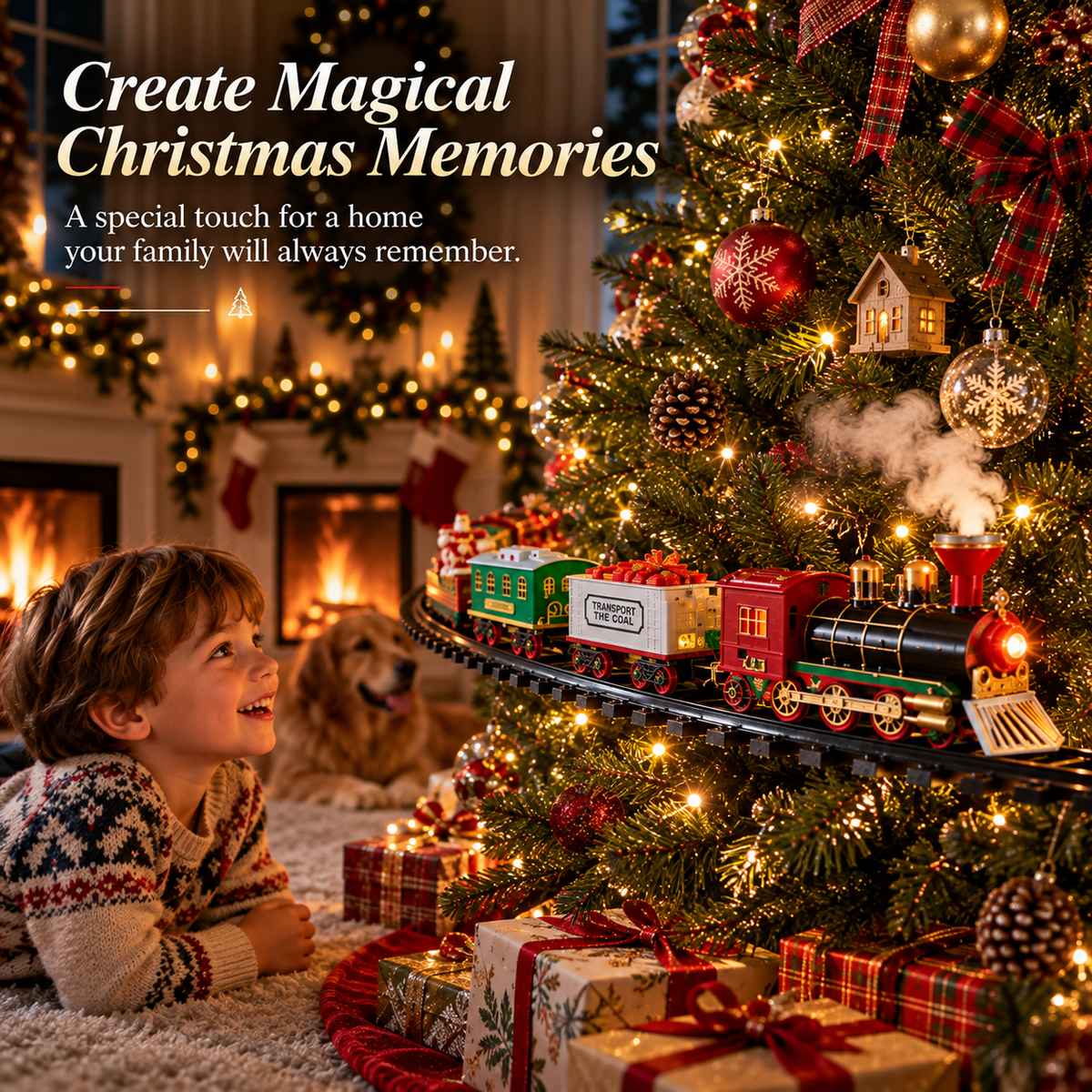 Child enjoying Christmas train beside illuminated tree
