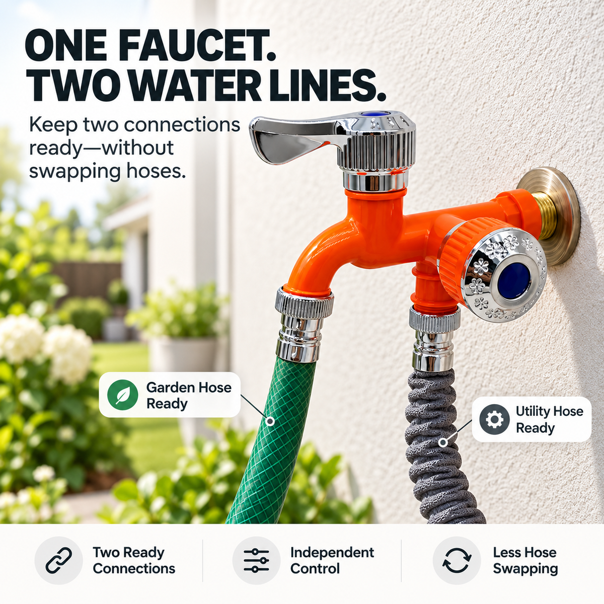 💧 Dual-Outlet Faucet – Two Water Lines, No More Hose Switching