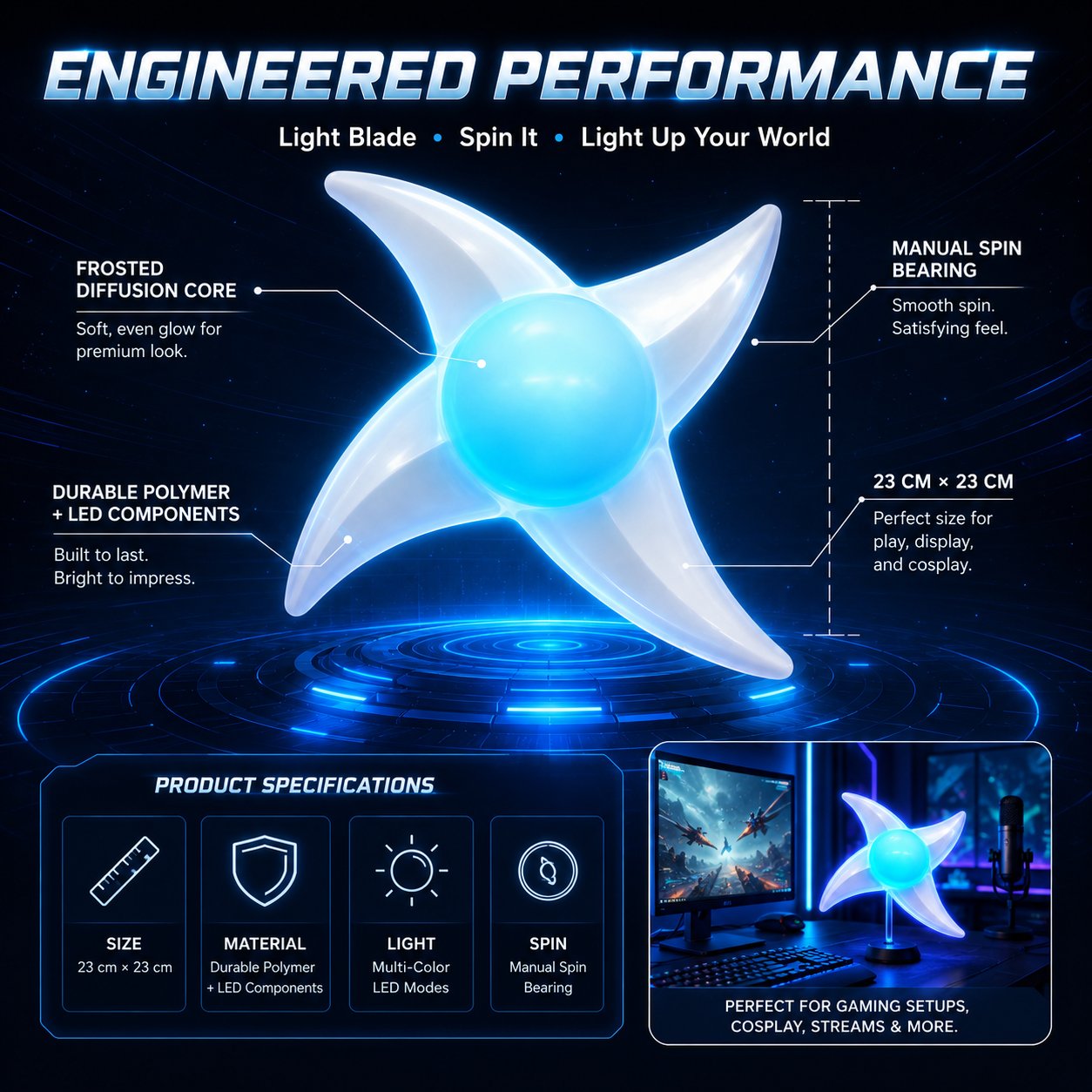Glowing Whirlwind Light Blade product construction and specifications