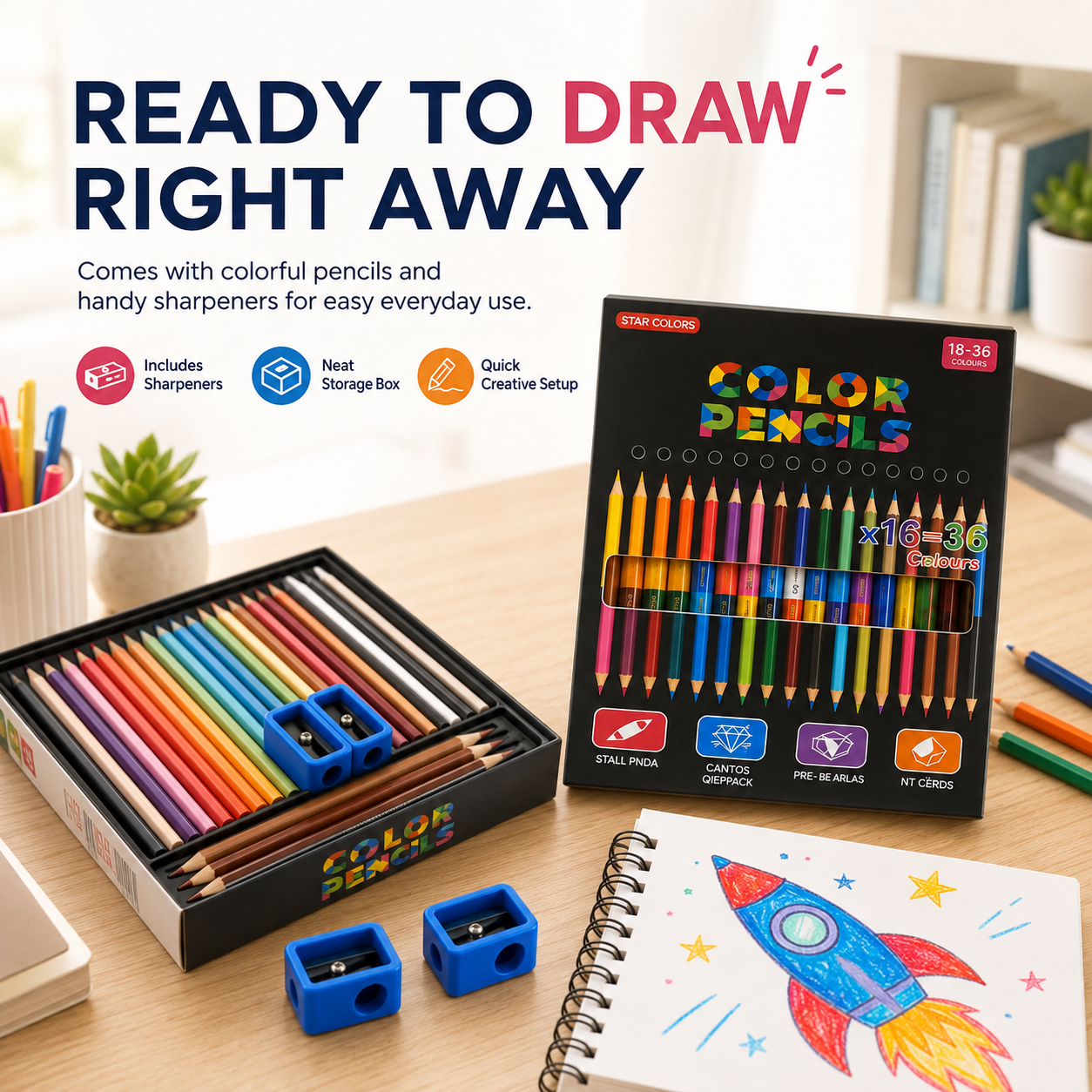 Colored pencil set with two included sharpeners