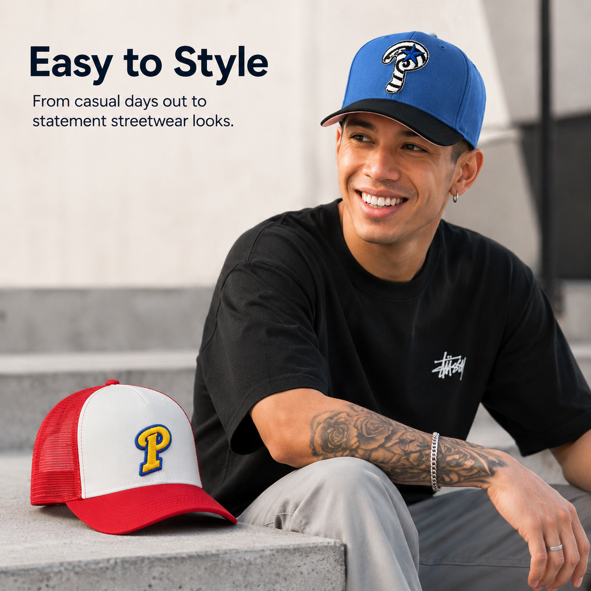 🧢 Embroidered Streetwear Cap – Blue Flat-Brim & Red Mesh-Back Trucker Style