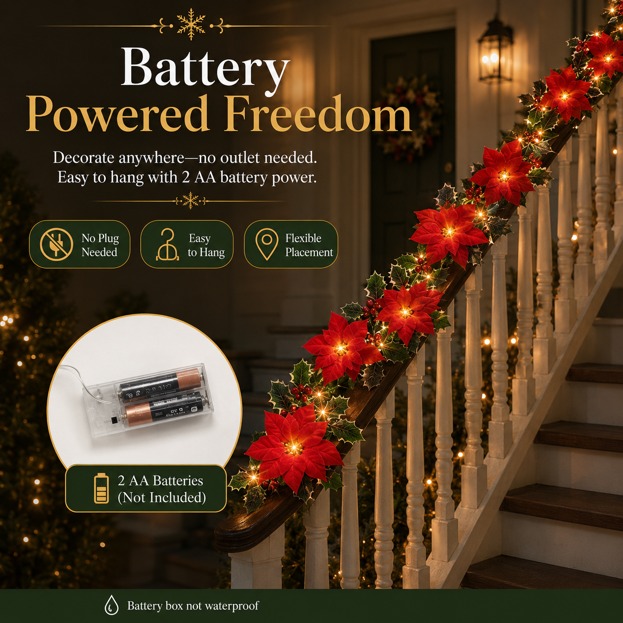 Lighted Christmas Poinsettia Garland with 10 or 20 Warm LEDs – Battery Powered Holiday Floral Decor