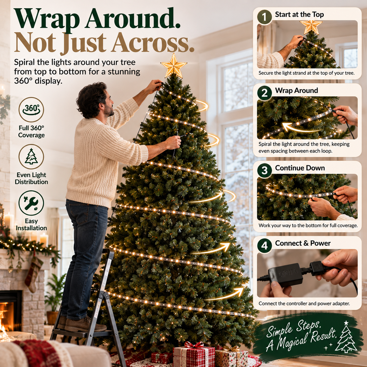 🎄 Smart Wrap-Around Christmas Tree Lights – 12+ App-Controlled Festive Designs