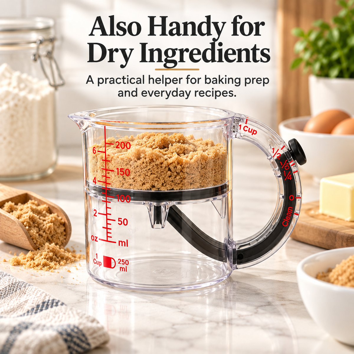 🥣 Adjustable Measuring Cup with Built-In Scraper – 1 Cup / 250 mL for Baking & Cooking