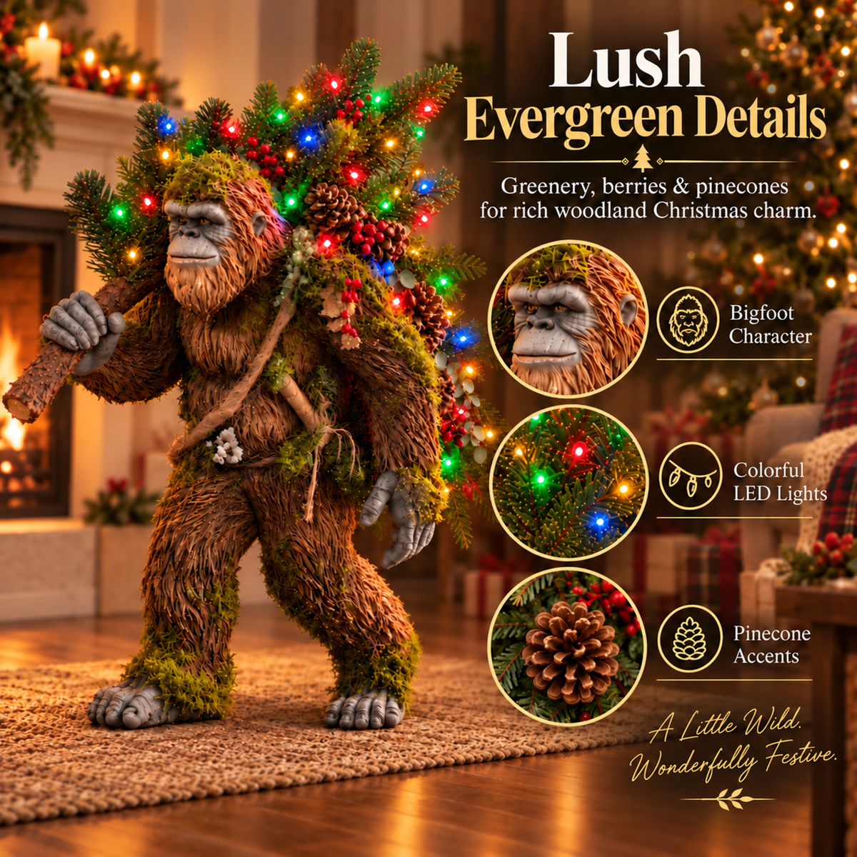 🌲 Light-Up Woodland Bigfoot Christmas Decor – Festive Sasquatch with Colorful Christmas Tree